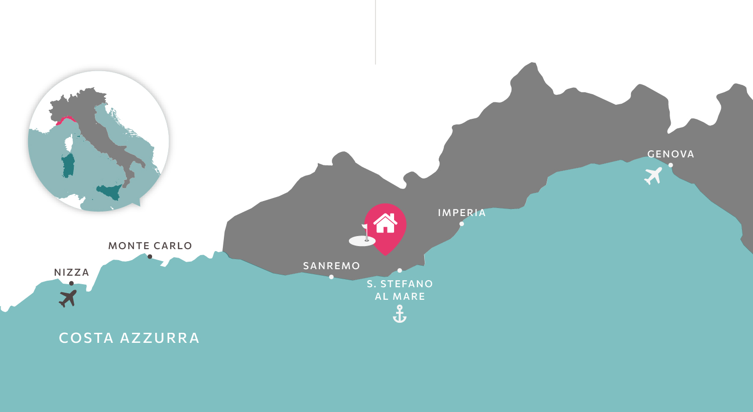 Mappa stilizzata della Liguria e di dove si trova Catellaro Golf Apartments